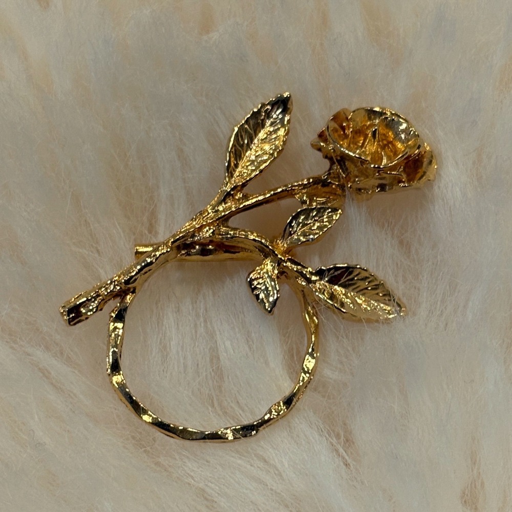 Vintage DETTI gold-tone botanical eyeglass holder Brooch 80s/90s Scarf Rose Pin